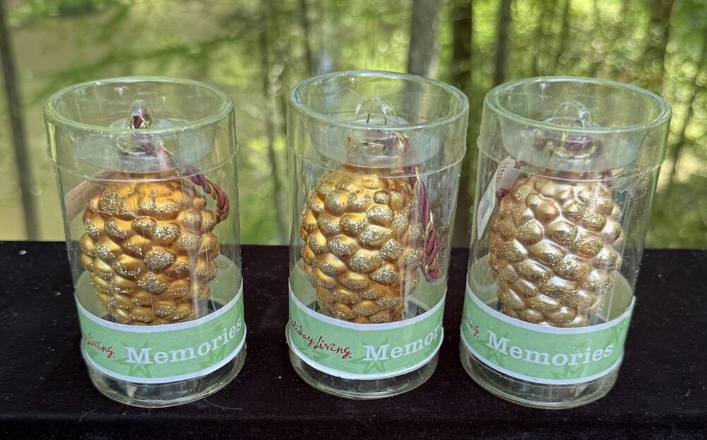 Holiday Living Lot Of 3 Glass Gold Glitter Pine Cone Christmas Ornaments -46D